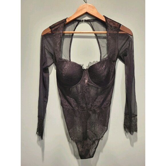 Victoria Secret Black Sheer Long Sleeve Bodysuit Sexy Goth Sz 36d - Picture 1 of 12